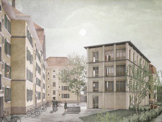 Bestehende Gebäude wird mit Holzneubau ergänzt und es entsteht eine einheitliche Überbauung.